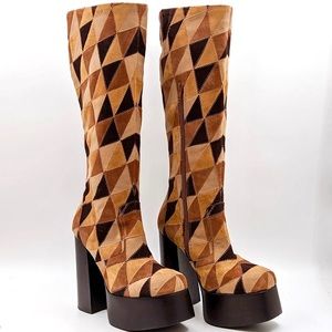 Jeffrey Campbell Hey Joe Patchwork Suede Brown Knee High Platform Boots
